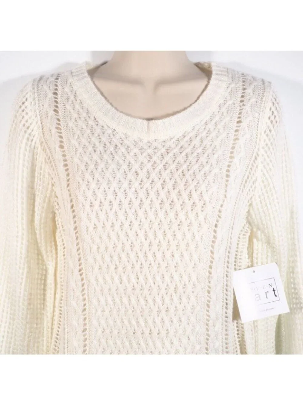 Keren Hart Womens Sweater SIze M Crocheted Ivory Crew Neck Bell Long Sleeve